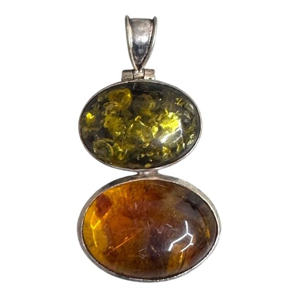 Vintage Baltic Two Tone Stone Amber Pendant In Sterling Silver Double Oval Green - Picture 1 of 5
